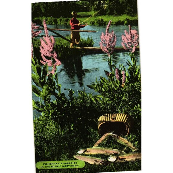 Vintage Ecko-Chrome Postcard Fishermans Paradise Scenic Northwest - Picture 1 of 2